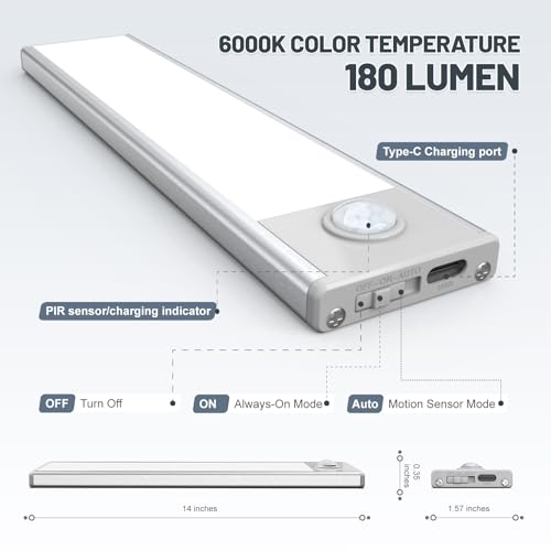 14 inch Under Cabinet Lighting, 6 Pack Motion Sensor Light Indoor Rechargeable Magnetic Closet Lights Battery Operated, Under Counter Lights for Kitchen, Wardrobe, Hallway, Stairs White Light - color: White Light, size: 14inch