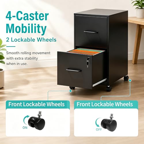 SAWJEC 2 Drawer Metal File Cabinet with Lock, Black Mobile Filing Cabinet | 17.7"D x 15"W x 26.8"H, Black Mobile Locking File Cabinet, Assembly Required, Fits Letter Hanging Files - color: Black, size: 17.7"D x 15"W x 26.8"H