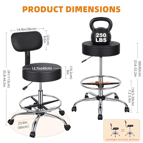 Drafting Chair, Height Adjustable Rolling Work Stool with Footrest Ring, Faux Leather Padded Seat Heavy Duty 250lbs for Office Workshop Garage (Black-E) - color: Black-e