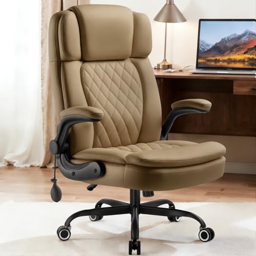 450 LBS Big and Tall Executive Office Chair with Flip up Arm, Heavy Duty Leather Computer Desk Chair,Comfortable High Back Swivel Home Office Chair with Rolling for Adults (Yellow) - color: Yellow