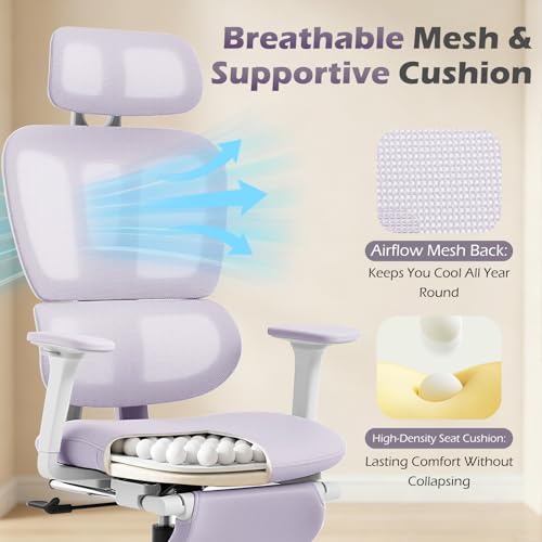 Ergonomic Office Chair with Footrest and Dynamic Lumbar Support, Purple | Reclining high-back computer chair, memory foam seat, 2D armrests, 2D headrest, mesh desk chair for home office, long hours - color: Purple