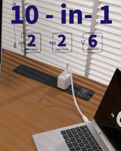 Recessed Power Strip Extension - 10 Outlet Surge Protector with 6 AC - 2 USB-A(18W) and 2 USB-C(PD20W) Ports - Flush Mount Desk Outlet with 6 Feet Cord - for Conference Table (Black) - size: 6 Outlets, style: Desk Socket - Black