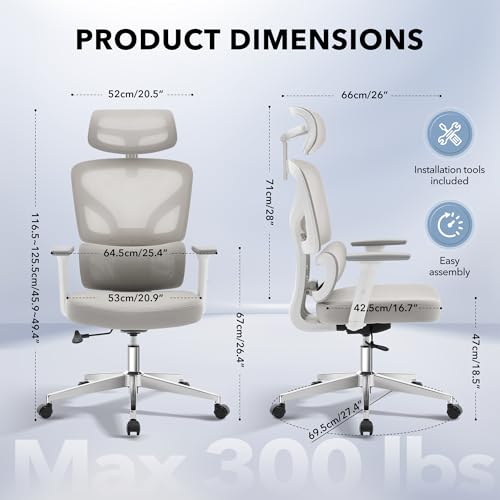 Ergonomic Office Chair Mesh – Adjustable Lumbar 3D Armrests High-Back Desk - color: Grey-d