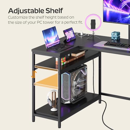 YATINEY L Shaped Computer Desk with Adjustable Monitor Stand, Gaming Desk with Power Outlets, Office Desk with Fabric Drawer, File Drawer and Hook, for Living Room, Home Office, Black DN03UBB