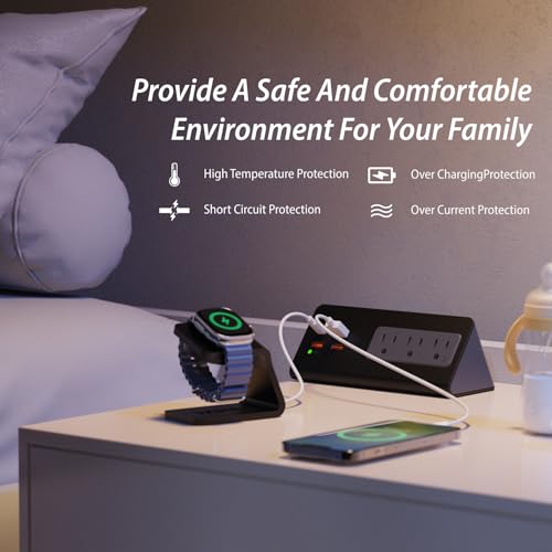 Power Charge Station Edge clamp Mount 15A 1875W with USB-C portsTabletop Surge Protector Desk Clamp Power Sockets with 3 AC Outlets and 4 Fast Charging USB Ports PD 30W Fast Charging