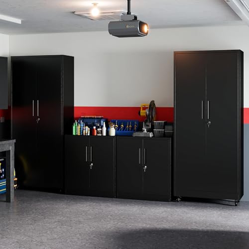 Metal Storage Cabinet for Garage, Tool Cabinet, Utility Cabinet - color: Black, size: L - 2 Doors & 5 Shelves (Wheeled)