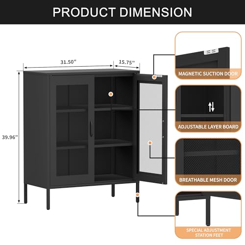 Ustamio Black Metal Storage Cabinet with Mesh Doors, Small Office Storage Locker with 2 Adjustable Shelves, Accent Metal Locker Cabinet for Home, Office, Living Room, Hallway - color: Black, size: 40"H-Mesh Doors