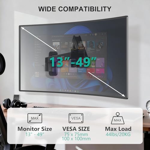 WALI Monitor Wall Mount for 13-49 inch Ultrawide Screens, up to 44 lbs | Heavy Duty Ultrawide Monitor Arm, Wall Mounted, Full Motion with Tilt, Swivel, Rotation, VESA 75/100mm (GSWM001-P), Black - color: Black (Single), size: Up to 49"