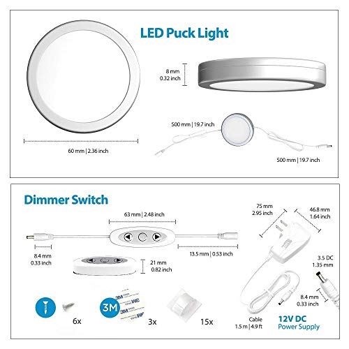 EShine Under Cabinet LED Puck Lights with Dimmer Switch, Dimmable, 3 Pcs, White Round Under Counter Lights for Kitchen, Garage, Office, Desk - Cool White (6000K) - color: Cool White (6000K), size: 3 pack