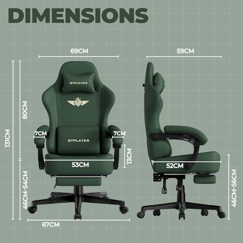 GTPLAYER Big and Tall Gaming Chair 400lbs Heavy Duty Office Chair with Footrest, High Back Pocket Spring Ergonomic Computer Chair for Adults, Wide Seated Cushion with Linkage Armrests, Leather Green - color: Dark Green