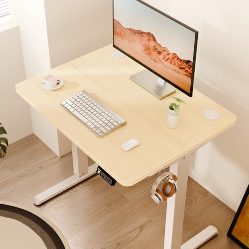 Small Standing Desk, 32"x24" Height Adjustable Sit-Stand, Home Office, Oak | Electric Adjustable Standing Desk, Sit to Stand Computer Office Desk with Splice Board, Memory Preset, Lifts 28.7''-46.5" - color: White Frame-gold Oak, size: 32-inch
