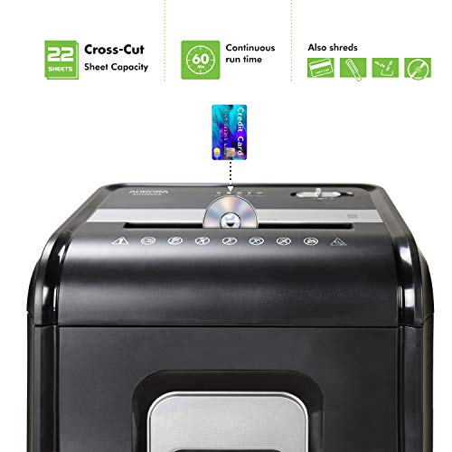 Aurora AU2260XA Heavy Duty Anti-Jam 22-Sheet Crosscut Shredder/60 Min Run Time/ 7-Gallon Pullout Basket and Casters - style: 22-Sheet Crosscut 60-Min Run-Time