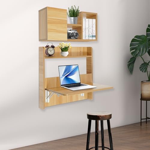 Wall Mounted Folding Desk, Solid Wood Floating Laptop Desk with Wall Mounted Bookshelf for Living Room Coffee Shop Apartments, 88lbs Table Load-Bearing (Light Walnut Color) - color: Light Walnut Color