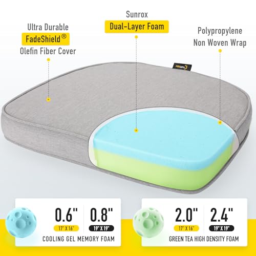 SUNROX Gel Memory Foam Chair Cushions, FadeShield Water-, Stain-Resistant Durable Reversible Seat Cushion Pads with Ties for Indoor/Outdoor Kitchen Dining Office 17"x16" Set of 2, Heather Grey - color: Heather Grey, size: 17x16 Inch (Pack of 2)