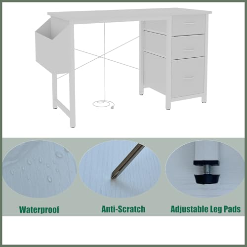 Reversible Computer Desk Gaming Desk with Power Outlet and 47" Desktop, Modern Writing Study Work Table with 3 Fabric Drawers and Extra Large Side Pocket for Bedroom, White