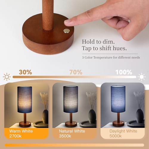 LALISU Cordless Table Lamp, 3 Color Portable Battery Lamp Wood Base Touch - color: Blue
