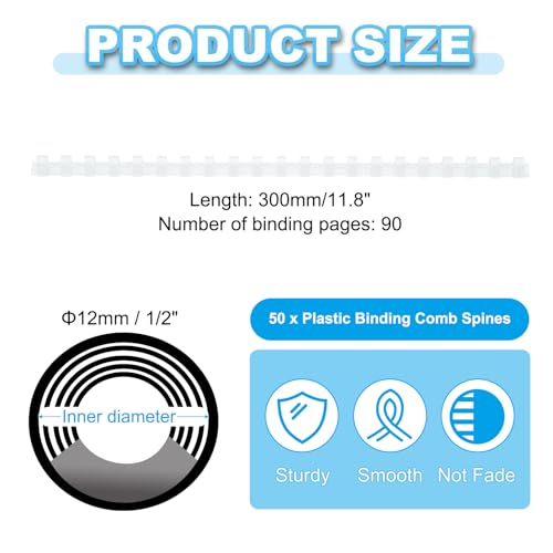 PATIKIL 12mm (1/2") Plastic Binding Combs, 50 Pcs 21 Rings Comb Binding Spines 90 Sheet Capacity Letter Size for Binding Paper Sheets, White - color: White, size: 12mm