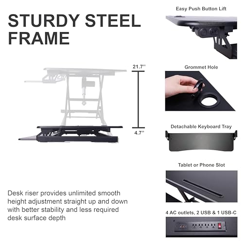 Rocelco 46" Electric Standing Desk Converter with AC Outlet USB Charger and Anti-Fatigue Floor Mat - Motorized Adjustable Sit Stand Riser - Tabletop Workstation Keyboard Tray - Black (R EDRB-46-MAFM) - color: Black, size: 46", style: Riser + Floor Mat