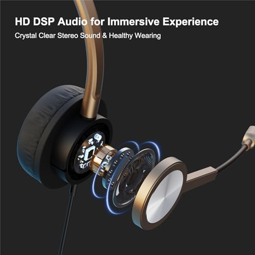 Wired Gold USB Headset with Noise-Canceling Microphone for PC, Lightweight Office USB Headphones for Call Center Office Remote Work, for Teams Zoom 3CX WebEx Calls, E-Learning & Dictation