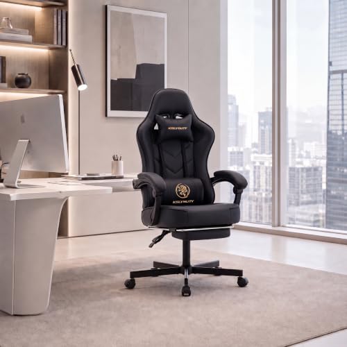 Desk Computer Gaming Chair - High Back Ergonomic Office Chair with Footrest and Lumbar Support, Swivel Comfy Home Gamer Video Game Chairs with Pocket Spring Cushion for Adults (Black Leather) - color: Classic Black Leather