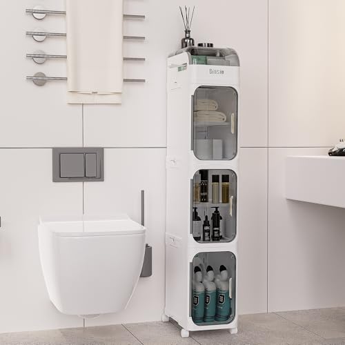 BINSIO 4-Tiers Toilet Paper Storage, Slim Bathroom Organizers and Storage, Bathroom Counter Organizer, Bathroom Organizer Storage Cabinet, Portable Laundry Room Organization, Plastic White Clear Doors - size: 4 Tiers