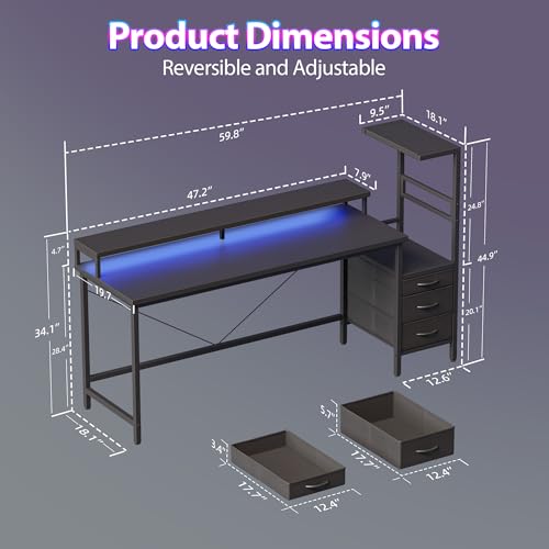 Mericonia 60 inch Gaming Desk with Drawers, Reversible Computer Desk, Black - color: Black, size: 60"