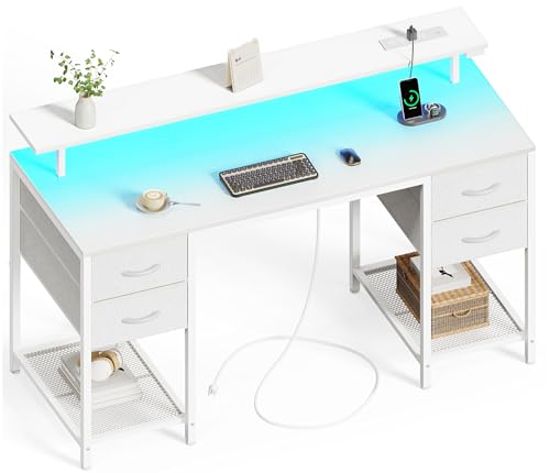 Huuger 55 inch Computer Desk with Power Outlets & 4 Drawers - color: White, size: 55 Inch