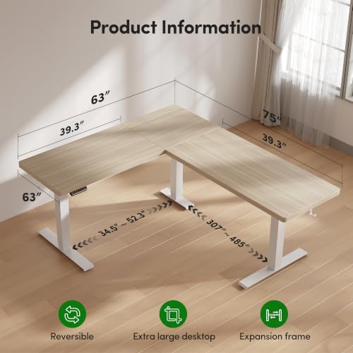 FEZIBO Triple Motors 25mm Tabletop L Shaped Standing Desk, 75" X 63" Electric Standing Gaming Desk Adjustable Height, Corner Stand up Desk with Splice Board, White Frame/Light Walnut Top - color: Light Walnut, size: 75x63 Pro