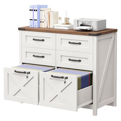 Halitaa Farmhouse Lateral File Cabinet with 6 Drawers, Rustic White - color: Rustic White and Brown, size: 6 Drawer