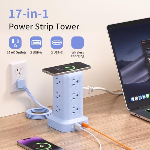 Extension Cord with Multiple Outlets, SMALLRT Outlet Extender with 12 AC Outlets 4 USB, 6.5FT Power Strip Tower for Home Office Supplies, Blue - color: Blue, size: 6.5 Ft with wireless charging
