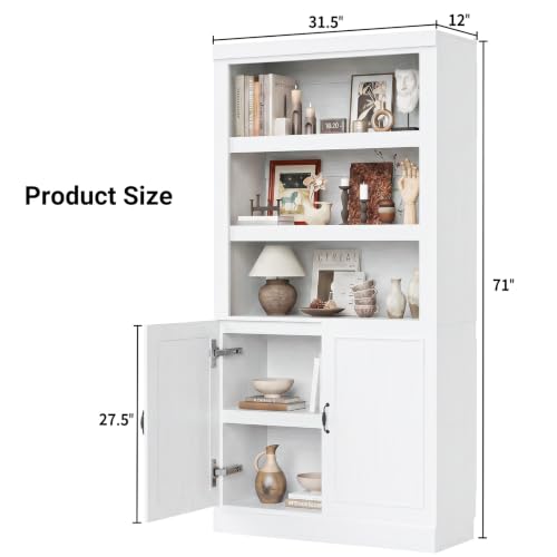 Unikito 71 Inch Tall Bookshelf with Doors and Adjustable Shelves, White | 5-Shelf Storage Bookcase, Thick Wood, Sturdy and Solid, Freestanding Display Cabinet for Living Room, Home Office, Bedroom - color: White, size: 31.5 Inch