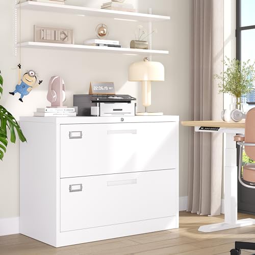 BYNSOE 2 Drawer Lateral File Cabinet Metal Filing Storage Cabinet with Lock Office Home Steel File Cabinet for A4 Legal/Letter Size File Cabinet Locked,Assembly Required (2 Drawer, White) - color: White, size: 2 Drawers