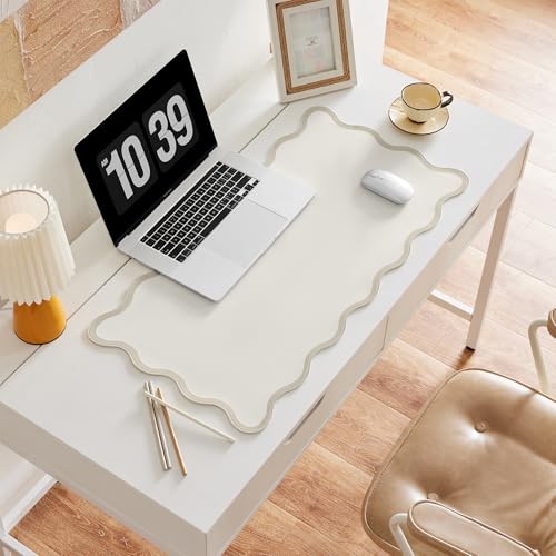 Scalloped Desk Mat, 31.5" x 15.7", PU Leather, Waterproof Anti-Slip, Cute Aesthetic Desk Pad for Office/Home/Game/Vanity (Beige, 31.5" x 15.7") - color: Beige