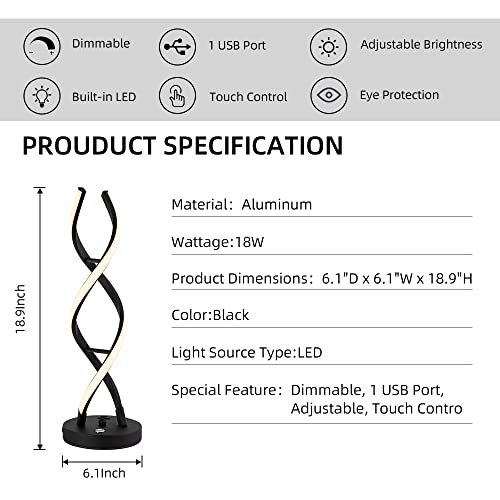 LED Modern Table Lamp, Stepless Dimmable Spiral Table Lamps for Bedroom, 3 Colors Touch Control Bedside Nightstand Lamp with 1 USB Charging Ports, Desk Lamps for Living Room Office (Black) - color: Black