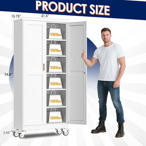erosoei 75" H Metal Garage Storage Cabinet, Rolling Tool Cabinet with 2 Doors and Wheels, Locker Steel Cabinet with 5 Adjustable Shelves, Organization Cabinet for Garage,Office,Home,Gym,School(White) - color: White, size: 75"-CasLck