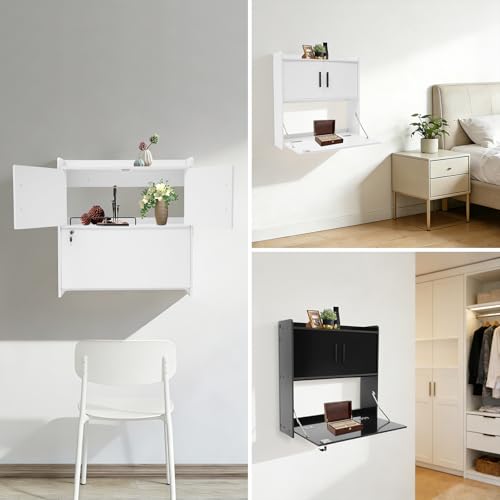 Wall Mounted Desk Folding Wall Desk Cabinet with Lock, Multifunctional Fold Down Laptop Computer Table Writing Workstation with Storage Compartments, Floating Table Space Saving (Black)