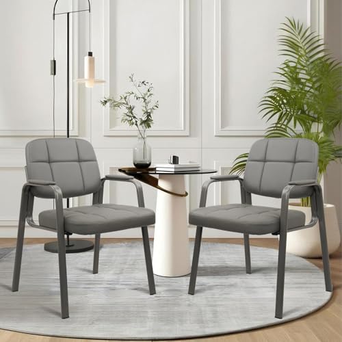 CLATINA Office Reception Guest Chair No Wheels, Leather Stationary Waiting Room Chairs with Padded Arms for Elderly Desk Conference Room Lobby Table Side Salon Grey 2 Pack - color: Grey, size: 2 Pack