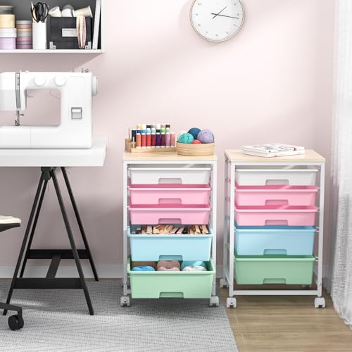 SYKIARIOL Utility Cart with 5 Drawers with Wooden Top, Rainbow - color: Rainbow