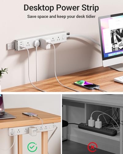 360° Mountable Surge Protector Power Strip with 4 USB Ports (2 USB C), 6 FT Electrical Outlet & Flat Plug Extension Cord for Under Desk, Wall, or Corner Mount (White) - style: Desk Socket - White