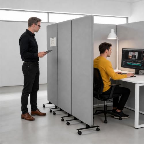 3-Panel Portable Office Partition,Mobile Acoustic Wall Divider with Wheels - color: Light Gray, size: 3 Panel-72"Wide