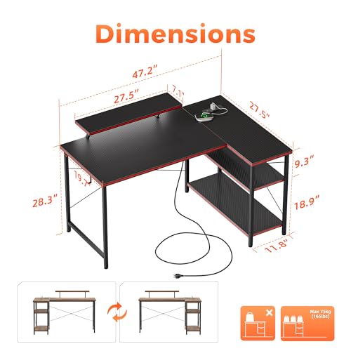 Mericonia 48 in Corner Desk with Monitor Stand, Small L Shaped Gaming Desk - color: Carbon Fiber, size: 48 inch