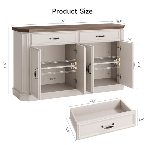 ONBRILL 55" Buffet Cabinet with 2 Storage Drawers, Wood Sideboard Off-White