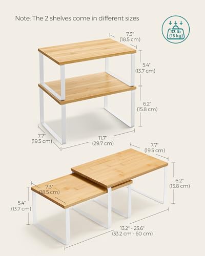 SONGMICS Cabinet Organizer Shelf, Set of 2 Kitchen Counter Shelves, Kitchen Storage, Spice Rack, Stackable, Expandable, Metal and Engineered Wood, Cloud White and Natural Beige UKCS02NW (Pack of 2) - color: Cloud White + Natural Beige, size: 11.7"w (Pack