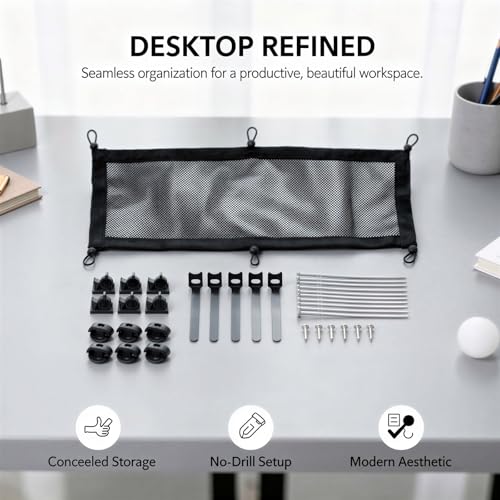 Under Desk Cable Management Net, Black Polyester Storage Pouch for Power Strips, Hidden Wire Organizer with Adhesive Mount, Cord Clip Accessories for Desktop Tidy Up, 25.2 x 9.8 in