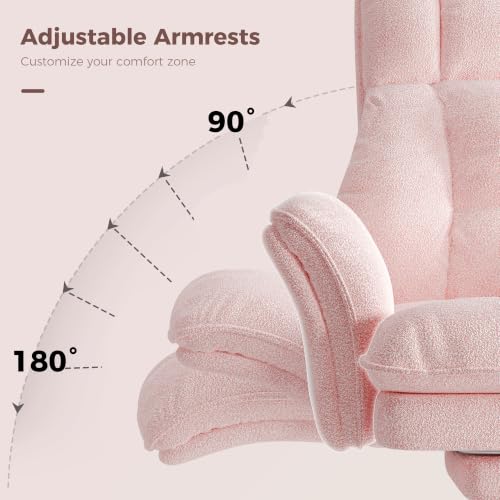 Big and Tall Office Chair, Flip Armrests for Pets & Cross Legged Sitting | Executive Ergonomic Computer Gaming Chair with Foot Rest, Teddy Fleece Wide Seat Reclining Desk Chair, Pink - color: Pink