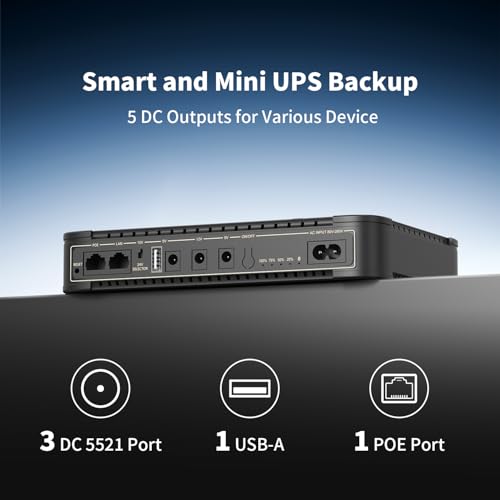 PECRON D77 DC UPS Battery Backup, 76.96Wh Small UPS for WiFi Router/Modem/Security Camera/Phone, Uninterruptible Power Supply with PoE Port, 5V/9V/12V DC5521 Port, 5V USB-A