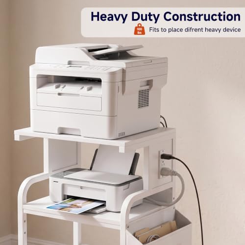 Tall Printer Stand with Charging Station, 4-Tier Large Printer Table Adjustable Shelf, Mobile Printer Cart on Wheels Heavy Duty for Home Office, Fits 3D Printer Shredder Scanner Fax, Pure White - color: White, size: 20.9''x15.7''