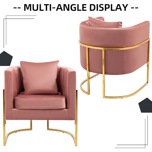 Velvet Accent Chair, Modern Barrel Arm Chair for Living Room/Bedroom/Beauty Salon, Upholstered Club Armchair with Pillow & Gold Base, Blush Pink - color: Blush Pink, size: 1 PC