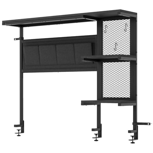 Clamp On Desk Shelf, 3-Tier Above Desk Extender with Pegboard & Hooks, Metal & Wooden Desktop Bookshelf & Organizer, Tabletop Storage Rack for Office Accessories, 38.3" W x 33" H, Black