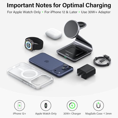 3-in-1 Wireless Charging Station for iPhone 17/16/15/14/13/12 Series, Apple Watch & AirPods, Aluminum Magnetic Charger Stand, MagSafe Compatible Fast Charging Dock for Multiple Devices